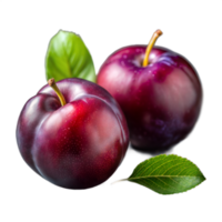 Close-Up of Two Ripe Plums and Green Leaves on Transparent Background png