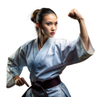 weiblich kriegerisch Künstler im Blau gi demonstrieren ein Karate Pose png