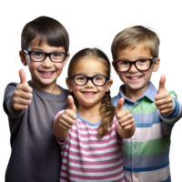 Tres sonriente niños con lentes dando pulgares arriba en estudio ajuste png