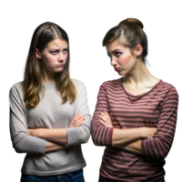 Two Women Standing Face to Face Expressing Disapproval With Arms Crossed png