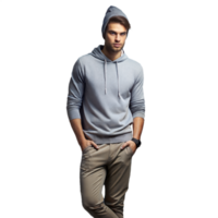 Casual Fashion Model Posing in Blue Hoodie and Khaki Pants png