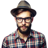 elegante joven hombre con barba y lentes vistiendo sombrero y tartán camisa png