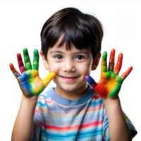 sorridente jovem Garoto orgulhosamente monitores colorida coberto de tinta mãos dentro de casa png