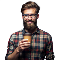 Smiling Bearded Man in Plaid Shirt Holding Coffee Cup Against Transparent Background png