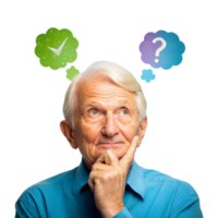 Elderly Man in Blue Shirt Pondering With Thought Bubbles Overhead png