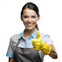 sonriente mujer en delantal y amarillo guantes dando pulgares arriba gesto png