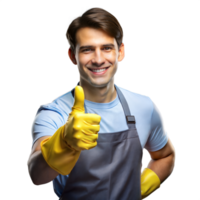 sorridente uomo nel un' blu grembiule dando un' pollici su indossare giallo gomma da cancellare guanti png