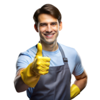 souriant homme dans une bleu tablier donnant une les pouces en haut portant Jaune caoutchouc gants png