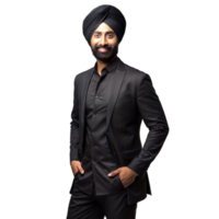 Smiling Sikh Man in Traditional Turban Wearing Elegant Black Suit on Transparent Background png