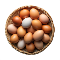 Assortment of Brown and One White Egg in a Wicker Basket Viewed From Above png