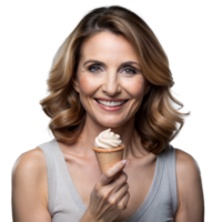 radiante mulher desfrutando uma baunilha gelo creme cone dentro uma estúdio configuração png