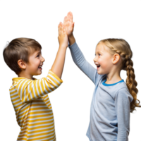 Smiling Young Boy and Girl Celebrating With a High Five Indoors png