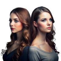 Two Women With Elegantly Styled Hair and Natural Makeup Posing Back to Back png
