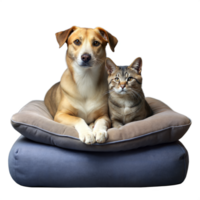 perro y gato sentado lado por lado en un acolchado mascota cama png