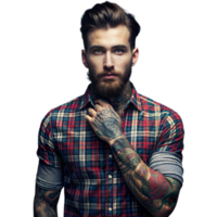 stilvoll bärtig Mann mit Tätowierungen posieren im ein Plaid Hemd auf ein transparent Hintergrund png