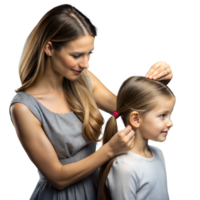 joven madre atadura su hijas pelo en un cola de caballo adentro png