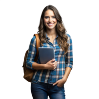 vrouw in plaid overhemd Holding tablet Aan transparant achtergrond. png
