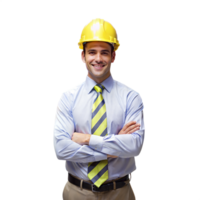 Smiling construction manager with yellow hard hat and work clothes on transparent background png