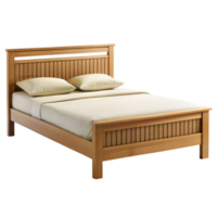 Bed With Wooden Frame and White Sheets on transparent background. png