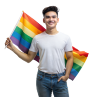 jovem homem sorridente e segurando uma arco Iris orgulho bandeira dentro uma estúdio configuração png