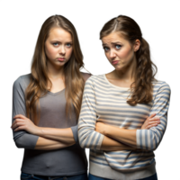 Two Young Women Standing Side by Side With Arms Crossed and Skeptical Expressions png