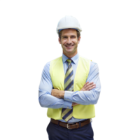 souriant construction ouvrier dans sécurité équipement prêt pour travail sur transparent Contexte png