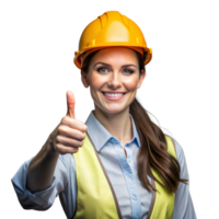 sorridente fêmea engenheiro mostrando polegar acima enquanto vestindo segurança capacete em transparente fundo png