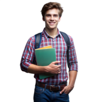 Man Holding Book and Backpack on transparent background. png