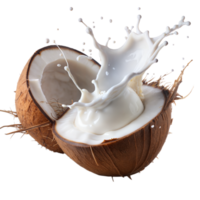 Fresh Coconut Milk Splashing Out of a Cracked Coconut Against a Transparent Background png