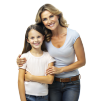 calentar abrazo Entre sonriente madre y hija posando juntos en transparente antecedentes png