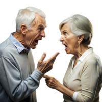 sous le choc personnes âgées couple engageant dans une animé argument contre une transparent Contexte png