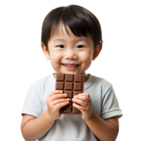 Lycklig litet barn innehav en bar av choklad med en transparent bakgrund. png