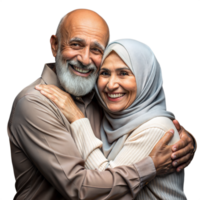 Senior casal abraçando com caloroso sorrisos dentro tradicional islâmico vestuário em uma transparente fundo png