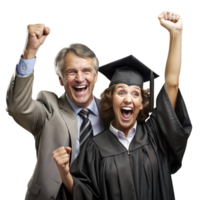 Exuberant Graduate in Cap and Gown Celebrating With Proud Mature Man Against a Transparent Background. png