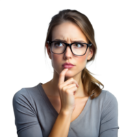 Pensive Young Woman With Glasses Looking Upward on a Transparent Background png