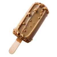 delicioso chocolate hielo crema con crujiente avellana salsa en de madera palo en transparente antecedentes png