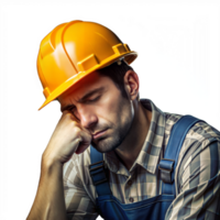 müde Konstruktion Arbeiter nehmen ein brechen während ein beschäftigt Werktag auf transparent Hintergrund png