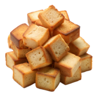 Pile of Golden Brown Baked Bread Cubes With a Transparent Background png