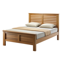 Contemporary Wooden Bed With Neutral Bedding on a Transparent Background png