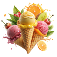 sortimento do colorida gelo creme colheres dentro waffle cones com fresco frutas em uma transparente fundo png