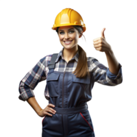 självsäker kvinna konstruktion arbetstagare i arbete kläder ger tummen upp på transparent bakgrund png