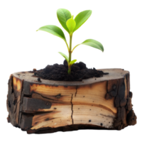 Young Plant Sprouting From a Cut Tree Log Against a Transparent Background png