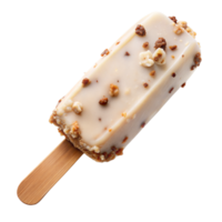 vanille la glace crème bar couvert avec blanc Chocolat et noisettes sur une bâton sur transparent Contexte png