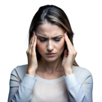 joven mujer experimentando dolor de cabeza o estrés con ojos cerrado en transparente antecedentes png