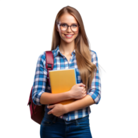 mujer con lentes participación un carpeta y sonriente en transparente antecedentes. png