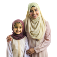 esquentar, carinhoso sorrisos do uma mãe e pequeno filha, ambos vestindo tradicional lenços de cabeça, em transparente fundo. png