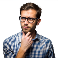 Pensive Young Man in Glasses and Plaid Shirt on Transparent Background png