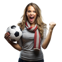 entusiasta femmina calcio fan su trasparente sfondo festeggiare vittoria con palla e applauso png