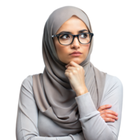 jung Frau im Hijab und Brille Nachdenken mit Hand auf Kinn gegen transparent Hintergrund png