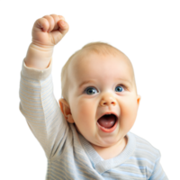 alegre bebé chico levantamiento mano alto en un alegre gesto en un transparente antecedentes png